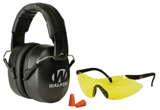 Walker's EXT Safety Combo Kit features passive ear muffs and plugs plus yellow shooting glasses